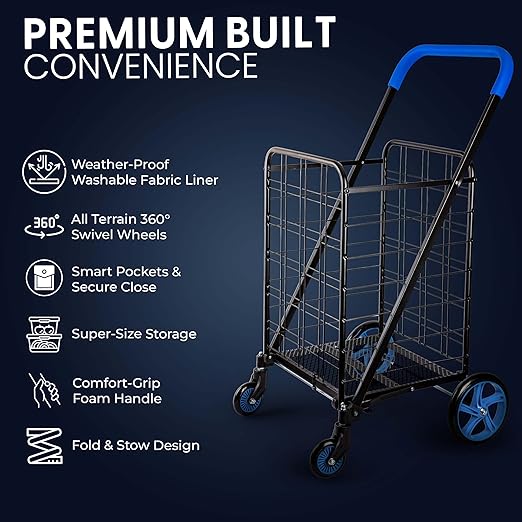 SereneLife Large Folding Utility Shopping Cart with Removable Liner – Heavy Duty, 360° Swivel Wheels, 110 lb Capacity, Portable for Groceries, Laundry, Luggage, and More (Blue)