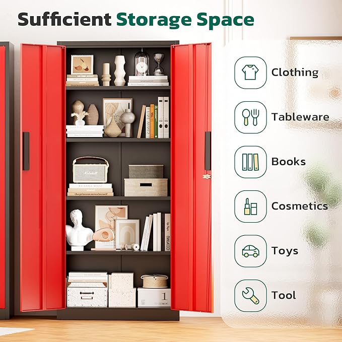 Greenvelly 63" H Metal Storage Cabinet Black Red, Locking Metal Cabinet, Store Tools, Clothes, Tableware and Toiletries, Garage Cabinets with Adjustable Shelves for Office, Home, Garage, Pantry
