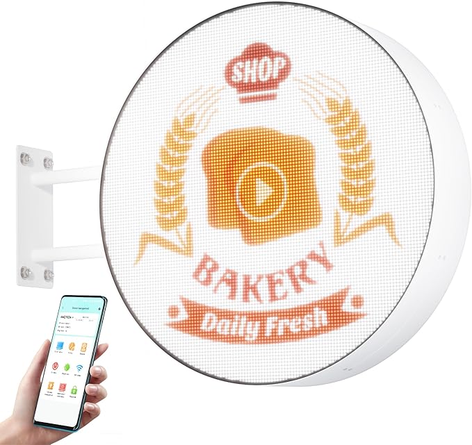 P2.5 Business Round LED Light Box Sign Programmable, Double-Sided Full Color Custom Digital Display Screen, Video, Image, Text Signage Panel Board for Outdoor Storefront Advertising 20"
