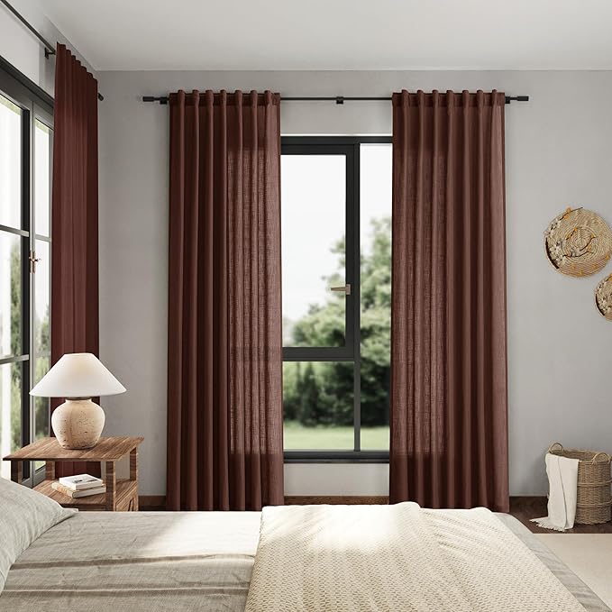 Linen Curtains Semi Sheer Rustic Brown 96 Inches Long 2 Panels Set for Living Room Back Tab Rod Pocket Light Filtering Drape for Bedroom Modern Farmhouse Coastal Decor Protect Privacy 52x96
