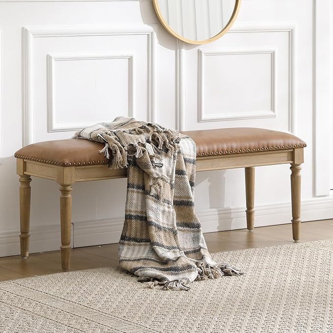 46'' French Country Entryway Bench Wooden Faux Leather Upholstered Seat Dinng Bench with Nailhead Trim for Hallway End of Bed, Brown