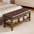 Solid Rubber Wood Shoe Bench, Easy-Clean PU Upholstered Seat, 770LB Load, Space-Saving Storage for Entryway/Living Room, Easy Assembly, Vintage Style, 43.3"x15.7"x17.7", Brown, UASND65R