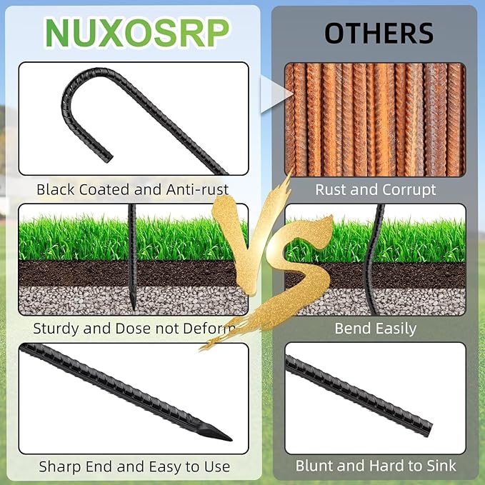 Black Rebar Stakes 12 inch (4pcs) - Heavy Duty 6mm Metal J Hook Ground Stakes,Galvanized Steel for Tent,Bounce House,Fence,Dog Coop,Artificial Turf,Outdoor Plants,Christmas & Holiday Decorations