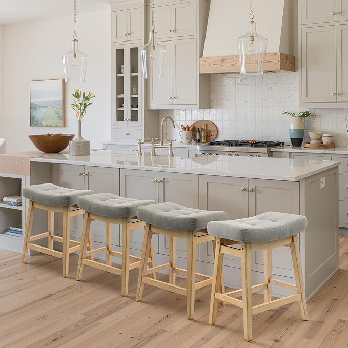 Counter Height Bar Stools Set of 4 for Kitchen Counter Farmhouse Modern Barstools with Upholstered Fabric Backless Seat and Solid Wood Legs 24 inch Bar Chairs, Grey + Wood Color