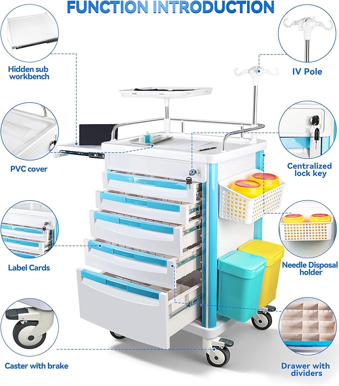 Medical Medical Rolling Crash Cart with CPR Board, IV Pole, O₂ Holder, 5 Drawers & Dividers, Mobile Emergency Cart for Hospital Clinic, 24.4" W x 18.5" D x 36.2" H (with 5 Drawers)