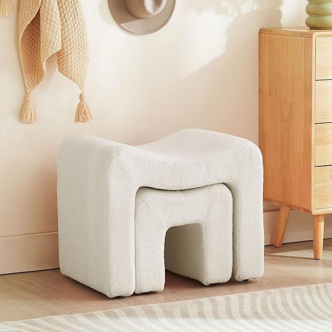 Small Footstool Ottoman Vanity Stool Chair Seating Backless Modern Foot Rest Teddy Velvet Ottoman Set for Makeup Room Living Room Bedroom Entryway,White (2-in-1)