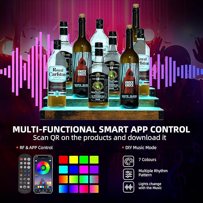 2Pack 3 Tier LED Lighted Liquor Bottle Display Shelf - 60" Total Length,RGB Countertop Bar Shelf with RF & App Control,7 Static Colors Music Sync,Timer,Lighted Bottle Shelf for Home &Commercial Use