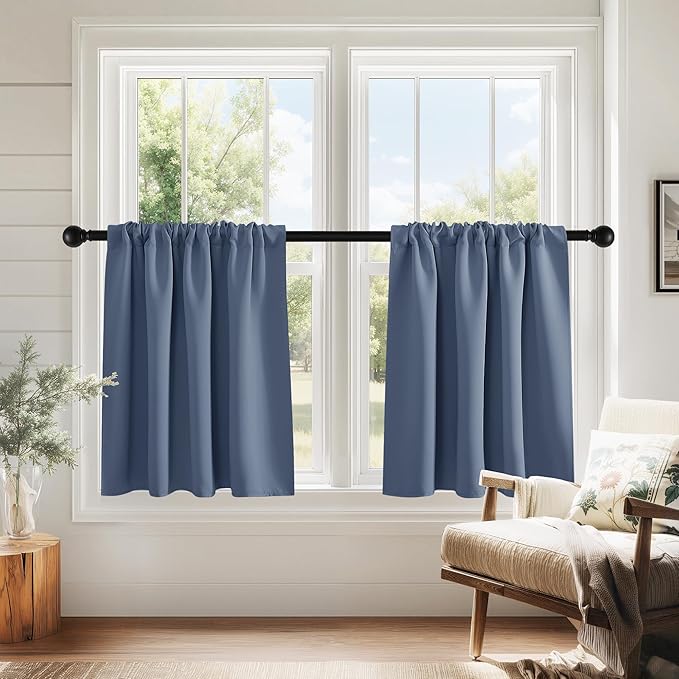 PONY DANCE Blue Haze Short Window Curtains for Kitchen 24 inch Long, 2 Panels Set Half Window Drapes for Bedroom Basement, Blackout Small Curtains for Travel Trailers, Width 29 x Length 24 inches
