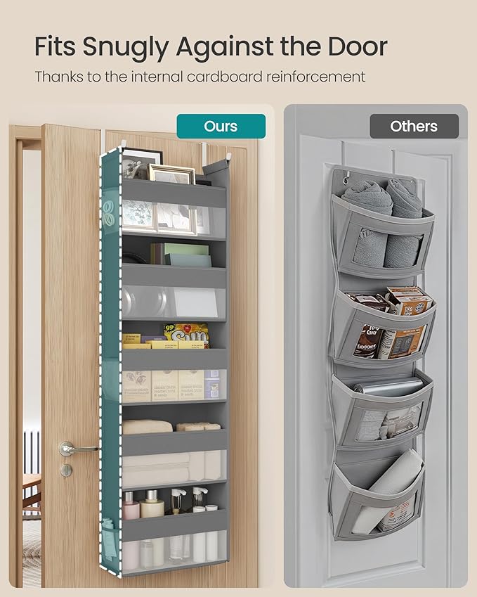 SONGMICS Over The Door Organizers, Set of 2 Hanging Door Organizers with 5 Large Pockets, 5-Tier Fabric Storage, Transparent Nylon Mesh, Foldable, Metal Hooks, with Side Pouches, Dove Gray URDH008G01