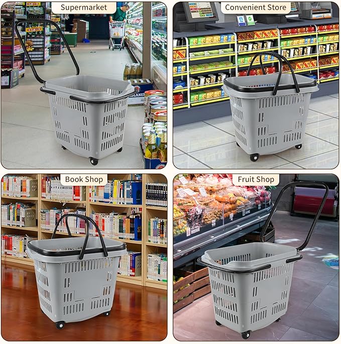 50 L Plastic Rolling Shopping Basket with Handles, Portable Retail Shopping Baskets for Supermarket, 4 PCS