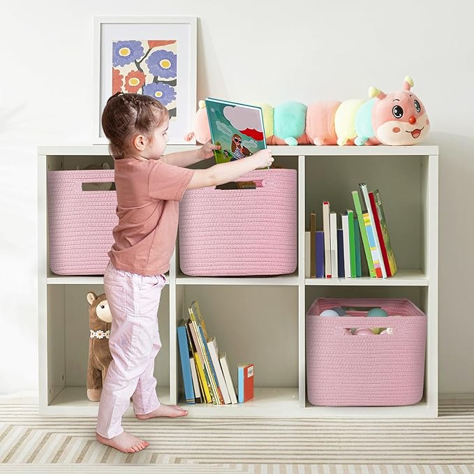 3 Pack Shelf Woven Storage Basket, 15 x 10 x 9” Closet Rope Baskets For Organizing, Square Bins with Handles, Pink