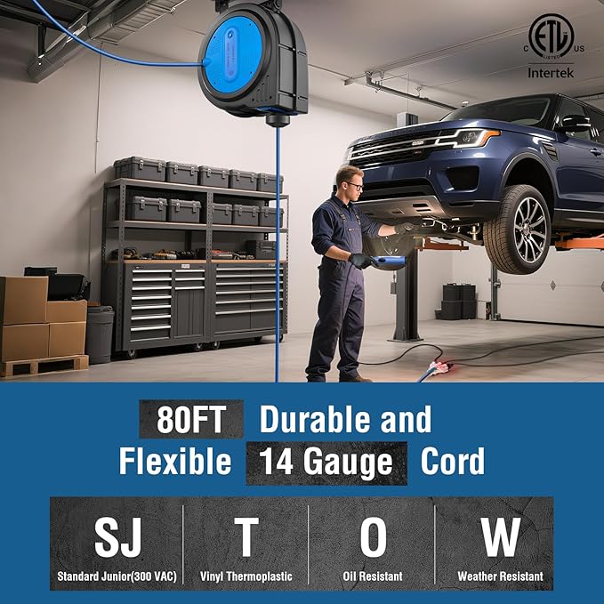 SURAIELEC 80 FT Retractable Extension Cord Reel, 14 AWG SJTOW Power Cord for Garage & Workshop, 10A Circuit Breaker, Wall/Ceiling Mount, Upgraded Anti-Tangle Roller Design, ETL Listed, Blue