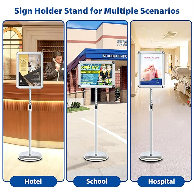 6-Packs Sign Holder Stand for Display 8.5x11 Inch - Adjustable Floor Standing Sign Holder - Pedestal Poster Stand with Vertical/Horizontal View, Indoor/Outdoor Business & Store Signage(Silver)