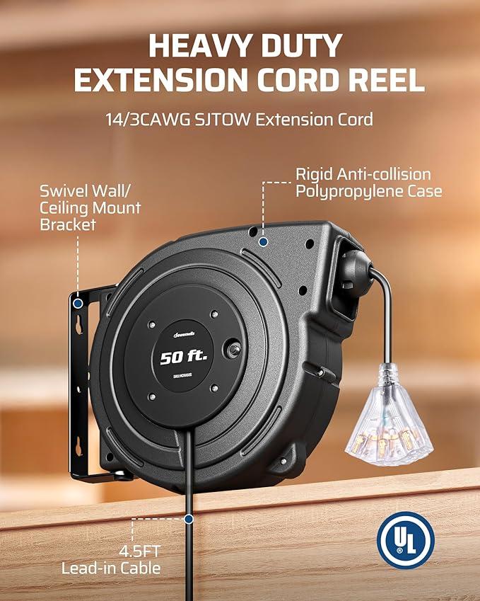 DEWENWILS Retractable Extension Cord Reel, 50FT Heavy Duty Power Cord, 14/3AWG SJTOW, Lighted Triple Tap Outlets, 13 Amp Circuit Breaker, Ceiling/Wall Mount, UL Listed