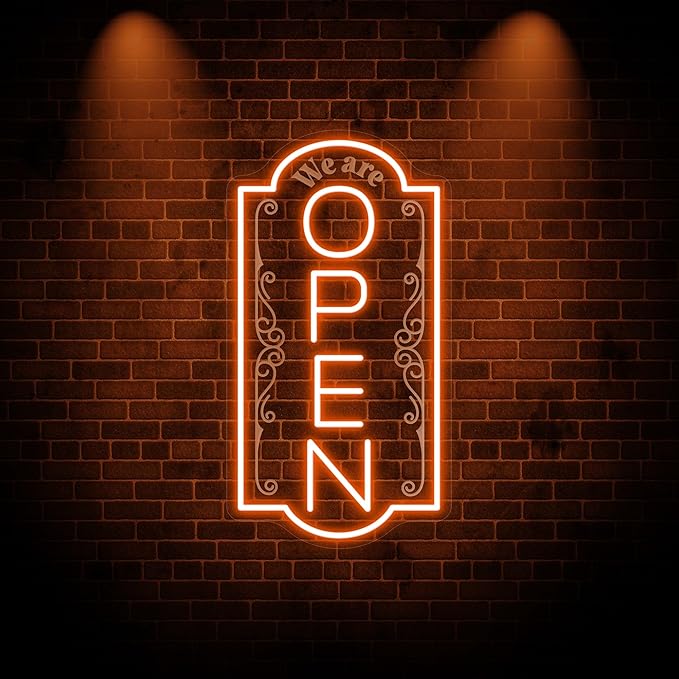 Vertical open sign Vertical Open Led Sign Neon Sign business window light vertical open signs for business (Orange LARGE SIZE 30x16")