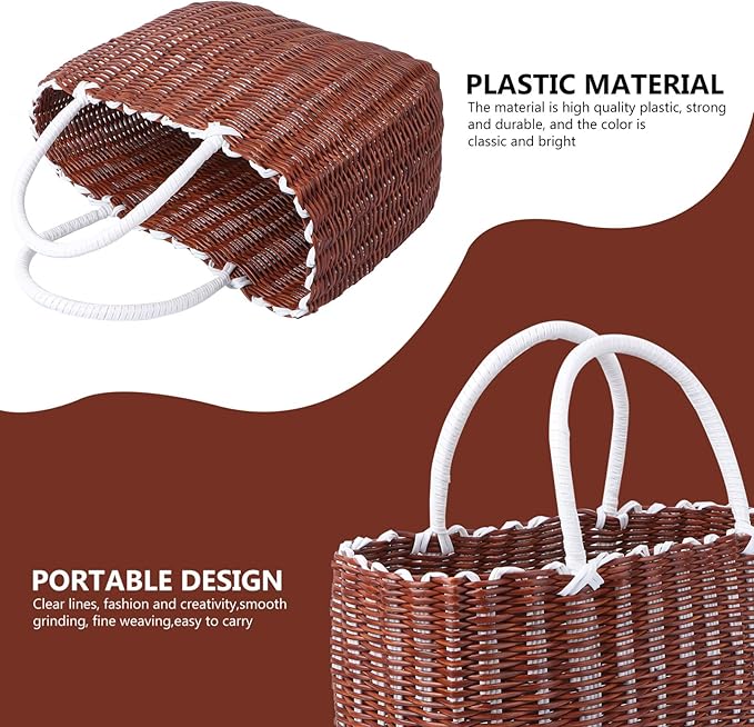 Cabilock Plastic Woven Tote Basket with Handles 13.8X9.4X5.5 Inch Lightweight Portable Storage Basket for Grocery Shopping Bathroom Organization and Home Use