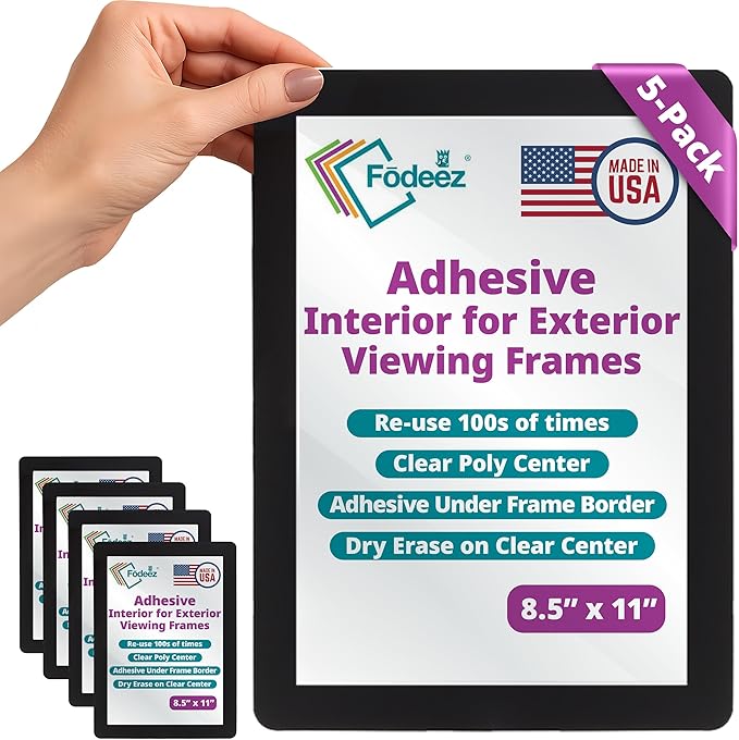 Letter-Size 8.5 x 11 Adhesive Interior for Exterior Viewing Frames - Reusable Sticker Holder Display for Windows & Doors, Paper Holder, Dry Erase, Non Acylic & Non Magnetic - Black, Pack of 5