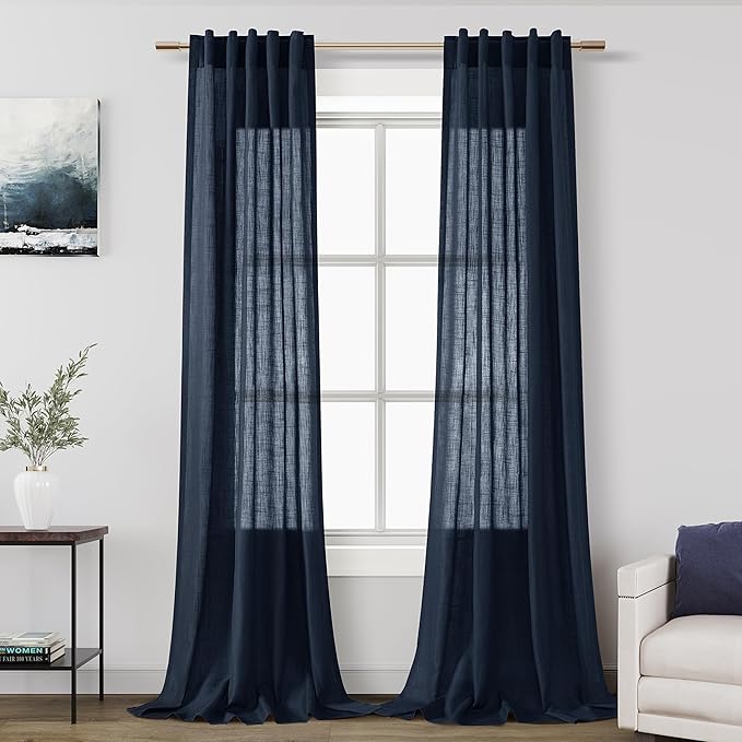 Navy Blue Boho Curtains for Bedroom Back Tab Rod Pocket Semi Sheer Linen Curtains 90 Inches Long 2 Panel Set Light Filtering Neutral Indigo Blue Farmhouse Drapes for Living Room 40x90 Inches