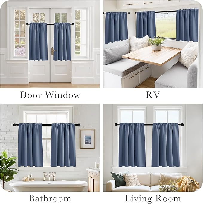 PONY DANCE Blue Haze Short Window Curtains for Kitchen 24 inch Long, 2 Panels Set Half Window Drapes for Bedroom Basement, Blackout Small Curtains for Travel Trailers, Width 29 x Length 24 inches