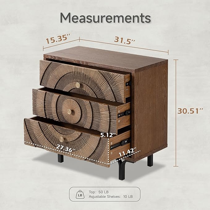 Farmhouse 3-Drawer Dresser, Accent Wooden Chest of Drawers with Circle Pattern and Radioactive Wood Lines, Accent Storage Dresser for Living Room, Bedroom, Natural Wood Color