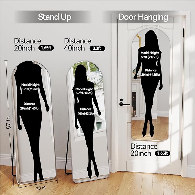 57x20 Door Hanging Full Length Mirror, Floor (Height 5.7ft just Body in1.3ft) Wall Mounted Metal Frame Arch Dressing Mirrors for Bedroom Bathroom Living Room 57 inch Silver