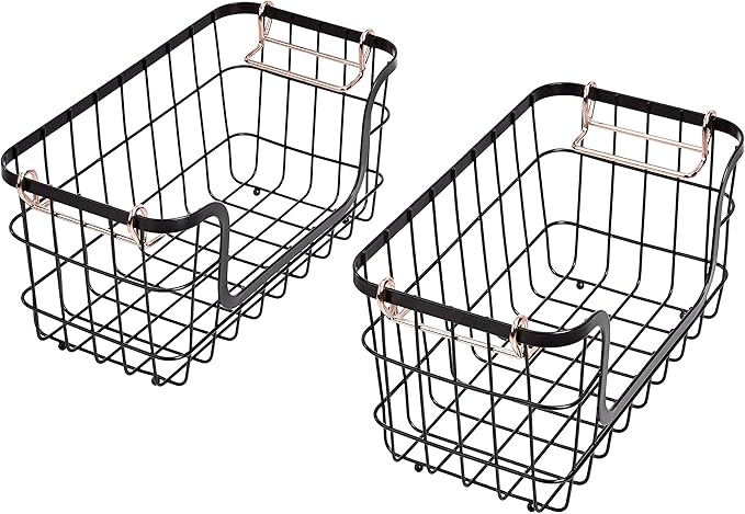 Amazon Basics Stackable Metal Wire Rectangular Storage Basket Set for Kitchen or Bathroom, 2 Count, Black