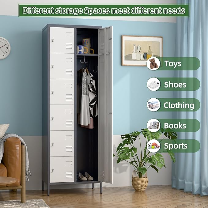 Aobabo 72" H Metal Lockable Storage Locker 7 Small Doors and 1 Big Door, Metal Lockers for empolyees with Hooks, for School Home Office Assembly Required, 8 Doors, Grey White