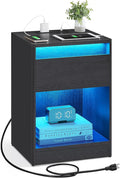 VASAGLE LED Nightstand with Charging Station, Adjustable Light Colors, 2 AC Outlets, 2 USB Ports, Bedside Table, Side Table with Drawer, Modern, 13.8 x 15.7 x 21.7 Inches, Ebony Black ULET618T21V1