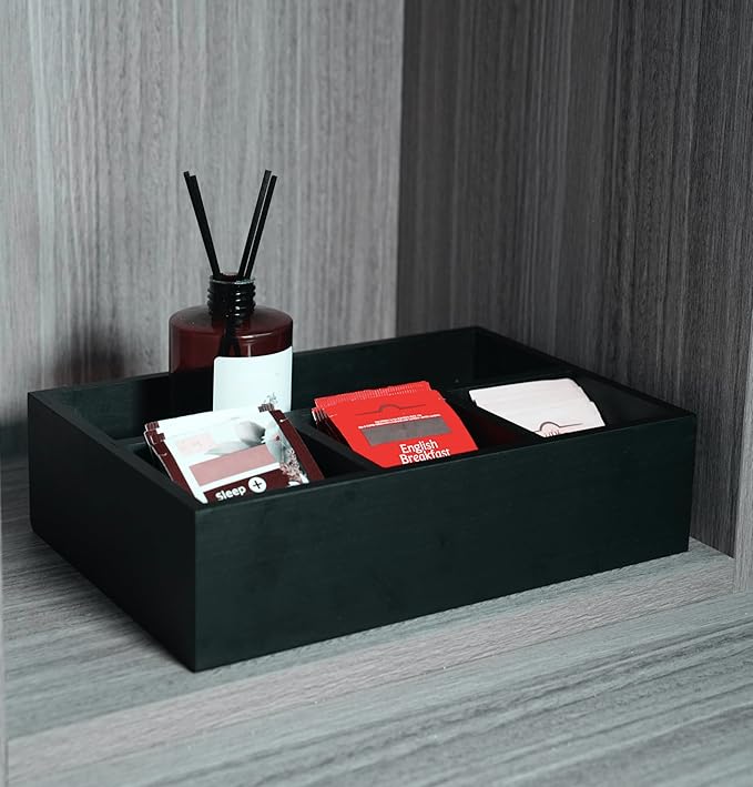 Tea Bag Organizer Wood Black, 4 Compartments Tea Bag Holder, Large Capacity Sugar Packet and Coffee Station Organizer, Tea Bags Caddy Drawer Storage Container for Countertop