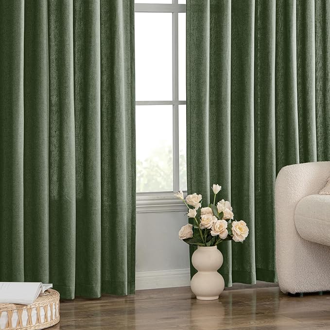 MIULEE Non-See-Through Privacy Linen Curtains 2 Panels, Olive Green Light Filtering Window Curtains Farmhouse Textured Back Tab Semi Sheer Drapes for Bedroom Living Room 84 Inches Long Dark Green