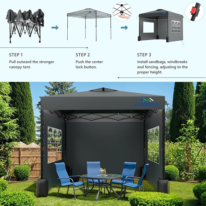 12X12 Pop Up Canopy Tent with 3 Sidewalls,Easy Up Canopy,Commercial Instant Shelter,Heavy Duty One Person Set Up Event Tent,Grey