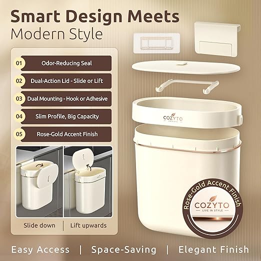COZYTO EcoToss Exo Wall-Mounted Trash Can – White Pearl, Dual-Lid Slim Bin with No-Drill Mounting, Odor-Control Lid for Kitchen, Bathroom, RV, Small Spaces, 9.4L