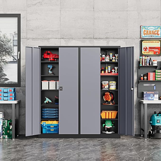 71” Tall Metal Storage Cabinet- Steel File Cabinets with Lockable Doors and Adjustable Shelves-Black&Gray Steel Storage Cabinet for Home,Kitchen, School, Office, Garage