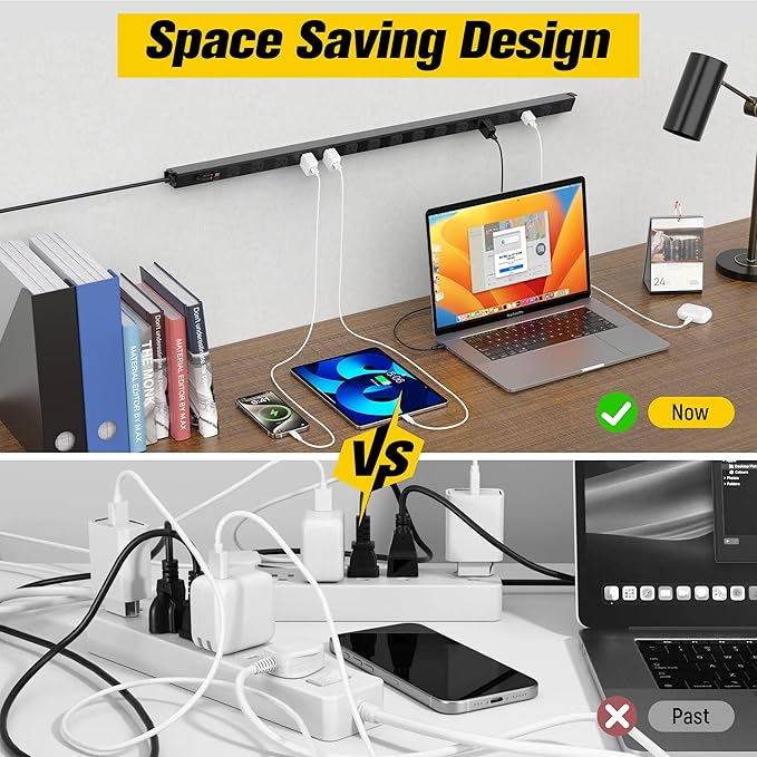 HHSOET 16 Outlet Long Power Strip, 10FT Heavy Duty Power Strip with 4800J Surge Protection, 20a Mountable Wide-Spaced Outlets for Home, Office, Garage & Workshop - ETL Certified (Black)
