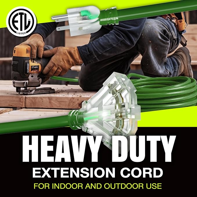 25ft Outdoor/Indoor Extension Cord 3-Outlet 12/3 Gauge Extra Heavy Duty ETL Listed, 3 Prong SJTW, Waterproof, Flexible Cold-Resistant Long Power Cord,15A 125V 1875W, Green by LifeSupplyUSA