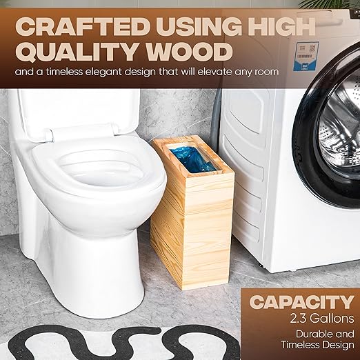 2.3 Gallons Rectangular Wooden Trash Can | Trash Can with Bin Liners | Decorative Waste Basket | Recycling Bin for Bathroom | Natural Wood Finish Basket for Kitchen | Paper Basket for Office