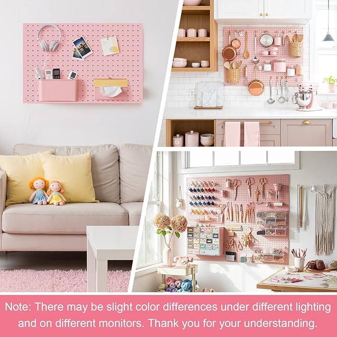 Peg Board, 4 Pack Metal Pegboard Panels Pink Pegboards Wall Organizer with Frame Large Heavy Duty Peg Board with Hooks for Walls Home, Garage Tool Storage, Office, Craft Room, Kitchen 24”×16”