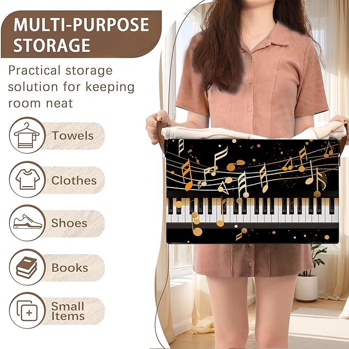 Piano Keyboard Pattern Storage Basket Large 17x11.5x10.5 Inche-Collapsible Fabric Organizer Bin with Handles for Music Room, Nursery, Toys-Foldable Decorative Hamper with Black White Keys-Single Pack