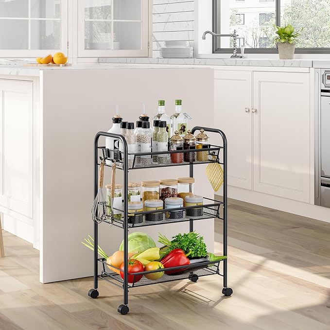 Metal Rolling Utility Cart, 3-Tier Mesh Wire Storage Trolley with Easy Assembly, Organizer Craft Cart 3 Hooks, Mobile Shelving Unit for Kitchen, Bathroom, Laundry Room, and Home
