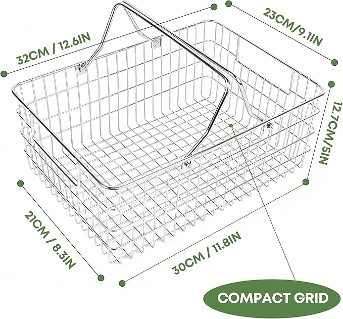 Small Picnic Baskets, Wire Baskets for Organizing with Foldable Handle - 12.6"x9.1"x5", Sturdy Stainless Steel Storage Baskets for Outdoor Picking, Picnic, Kitchen & Fridge & Cabinet Organizer(1, S)