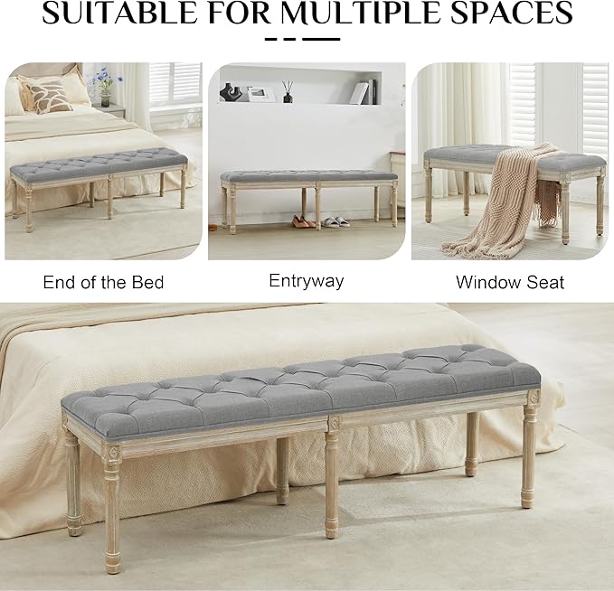 LOULENS 57.7" Linen Fabric End of Bed Bench, French Upholstered Button Tufted Bench for Bedroom End of Bed, Window Seat with Carved Wood Legs for Bedroom, Living Room, Entryway, Light Grey