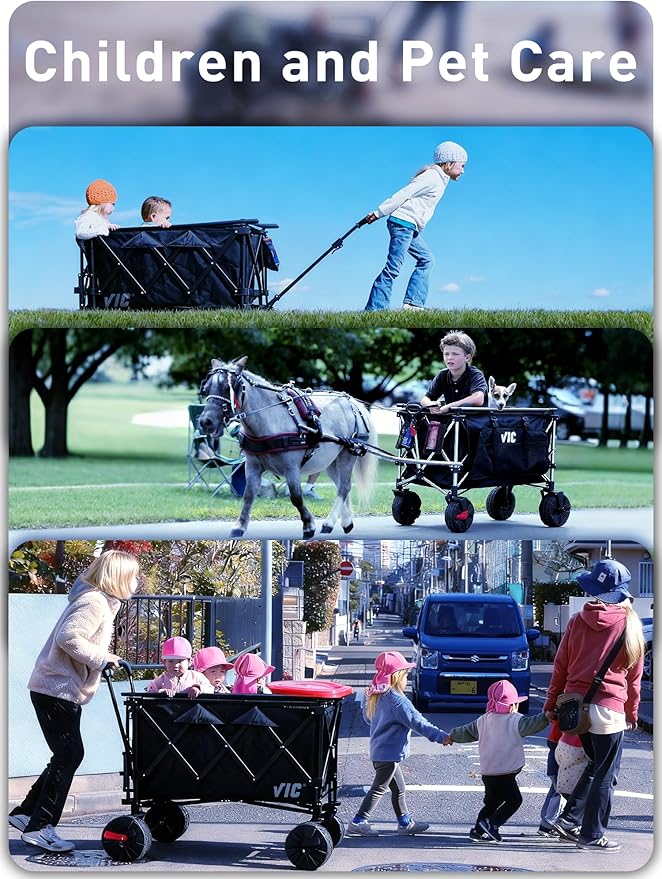 VIC 680lbs Super Cart & Table 1=5 Set, 480L Mega Capacity 54" Extra Long Double Decker Folding Wagon, Heavy Duty Collapsible Carts with Brakes, All-Terrain Big Wheels for Camping, Store, Shopping