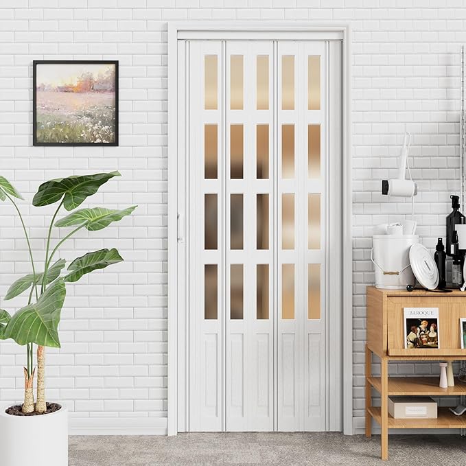 24-36 x 80in Accordion Doors Interior Folding Door, White PVC Accordion Door with 4 Frosted Acrylic Glass with Upgraded Roller & Handle & Complete Hardware, for Closet Bathroom Doorways