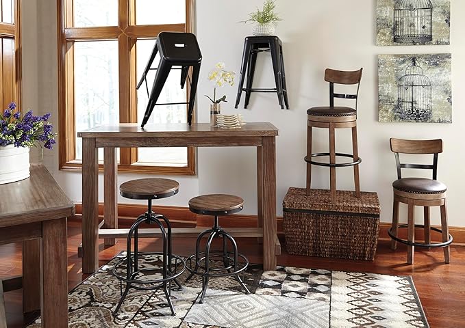 Signature Design by Ashley Pinnadel |24.25" Counter-Height Swivel Bar Stool – Modern Farmhouse, Faux Leather, 360° Swivel, Nailhead Trim, Rustic Light Brown