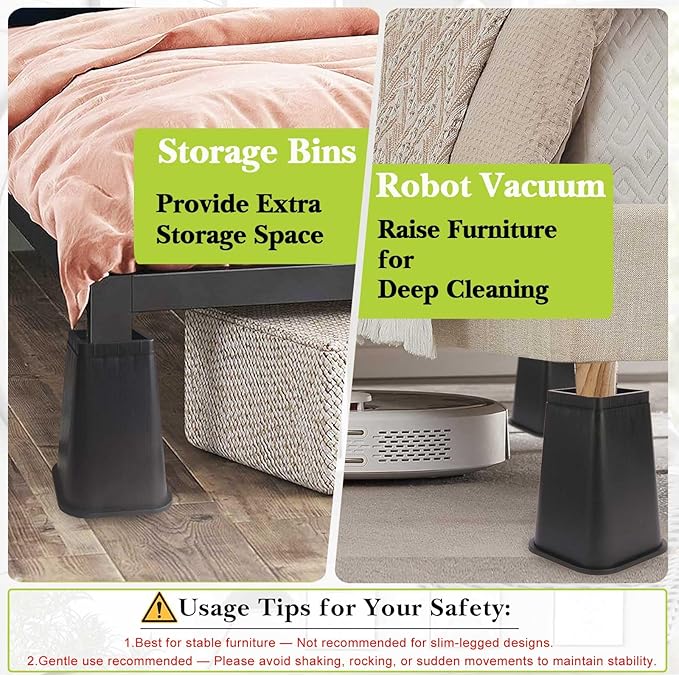 4 Pack Bed Risers 12 inch Heavy Duty, Adjustable Furniture Risers Lift Height 12",8" or 4" for Table Desk Couch Sofa Cabinet Bed Frame Dorm, Square Stackable Table Leg Risers, Black