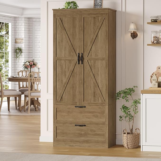 HOSTACK 70" Tall Kitchen Pantry Storage, Barn Doors Pantry Cabinet with Drawers and Adjustable Shelf, Modern Farmhouse Storage Cabinet for Kitchen, Dining Room, Living Room, Bathroom, Rustic Brown