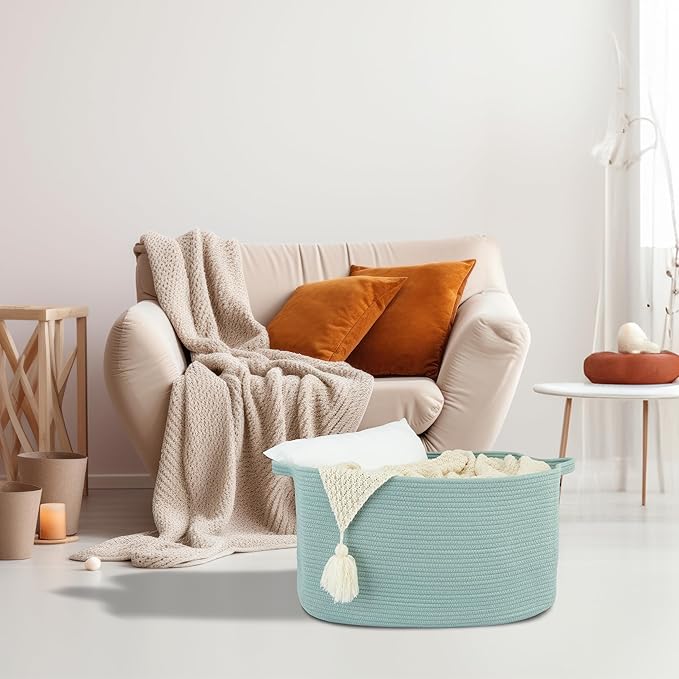 Large Rectangle Blankets Basket Living Room 22"x17"x12" Woven Cotton Rope Storage Baskets for Nursery Toy Baskets for Kids and Dogs Wicker Laundry Basket Bin for Clothes Towels green