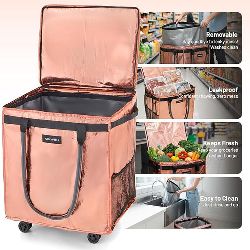(Large) Fanwoli Reusable Grocery Bag On Wheels with Removable Liner | Wrinkle-Resistant Fabric | Enhanced Stability Wheels & Extended Handle | Foldable Shopping Trolley for Laundry, Carries Up to 130L