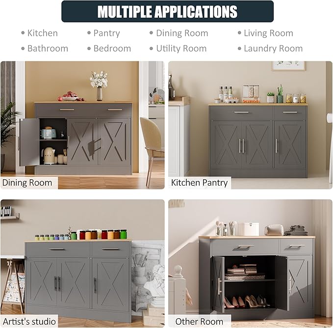 SUNLEI Kitchen Buffet Sideboard Cabinet, Wooden Storage Cabinet with 3 Doors & 2 Drawers, Modern Farmhouse Coffee Bar Cabinet with Storage for Living Room, Adjustable Shelf, Grey