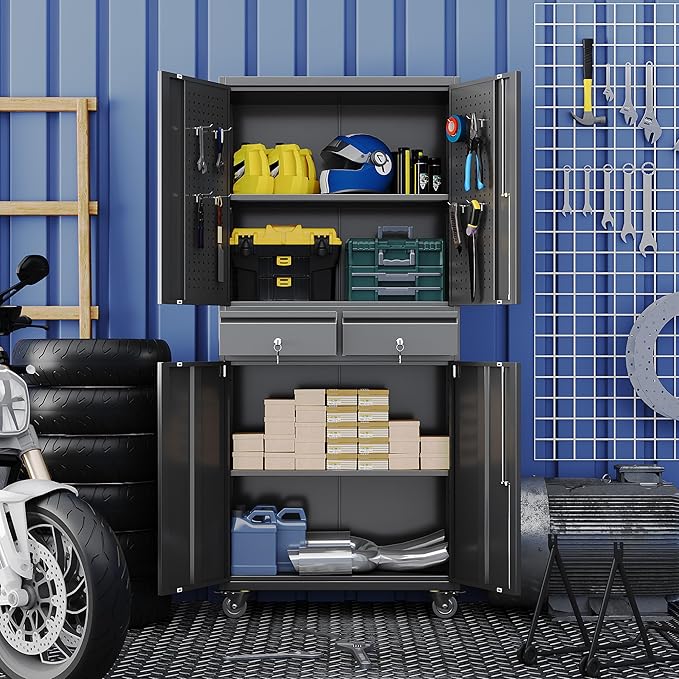 Aobabo Garage Storage Cabinet with Wheels, Metal Tool Storage Cabinet with 2 Drawers for Garage Home,Assembly Required,Black